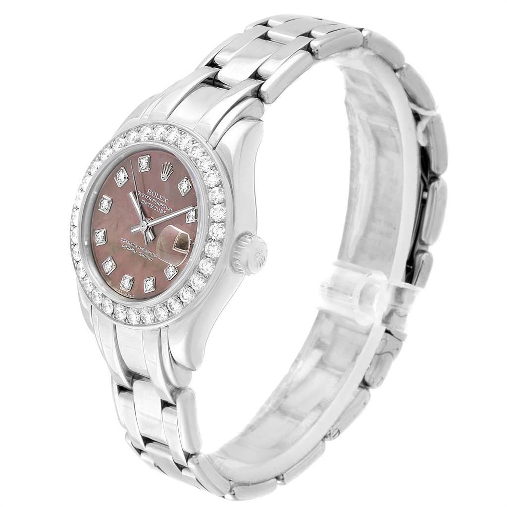 The Rolex Pearlmaster 80299 Women
s White Gold Mother of Pearl Dial 80299 Women
s White Gold Mother of Pearl Dial watch is shown at a three-quarter angle, highlighting its bezel, dial, crown, and bracelet.