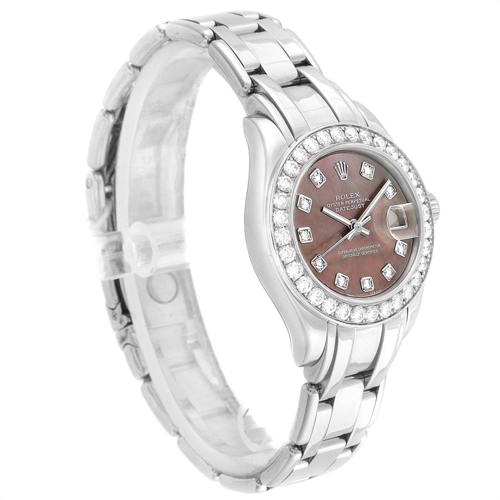 This image shows a Rolex Pearlmaster 80299 Women
s White Gold Mother of Pearl Dial 80299 Women
s White Gold Mother of Pearl Dial watch at a slight angle, displaying the face, bezel, and bracelet.