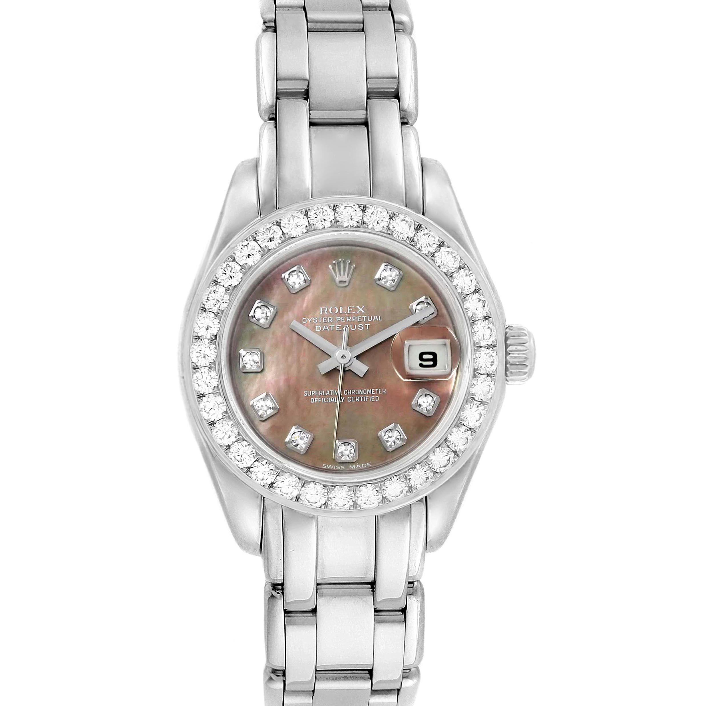 The image shows a front view of a Rolex Pearlmaster 80299 Women's White Gold Mother of Pearl Dial 80299 Women's White Gold Mother of Pearl Dial watch, displaying its dial, bezel, and bracelet.