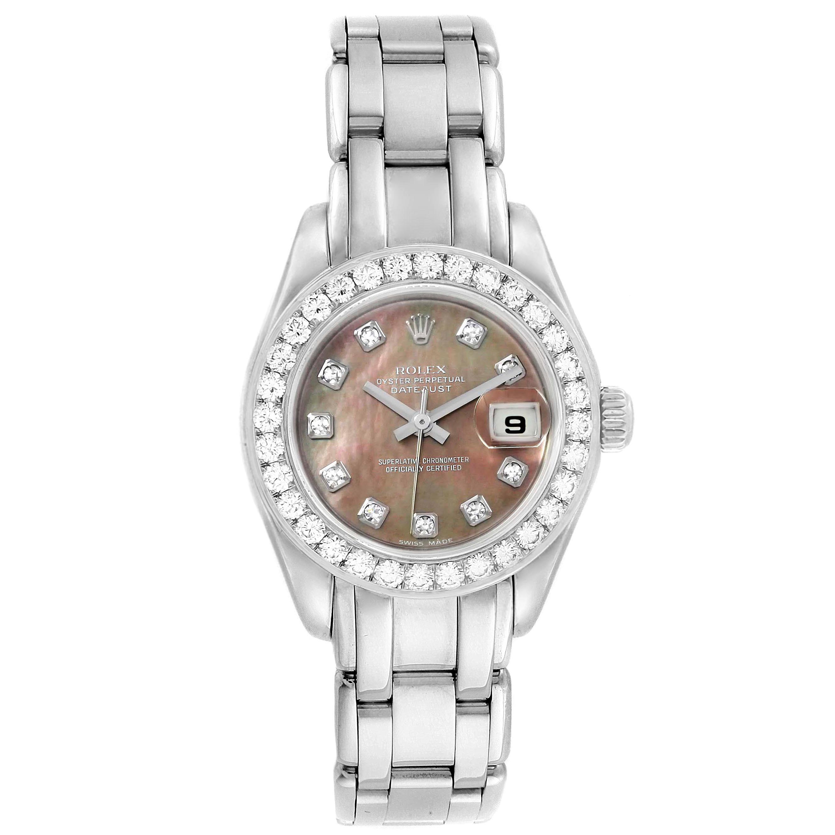 The image shows a Pearlmaster Rolex watch from a frontal angle, displaying its bracelet, bezel, dial, and date window.