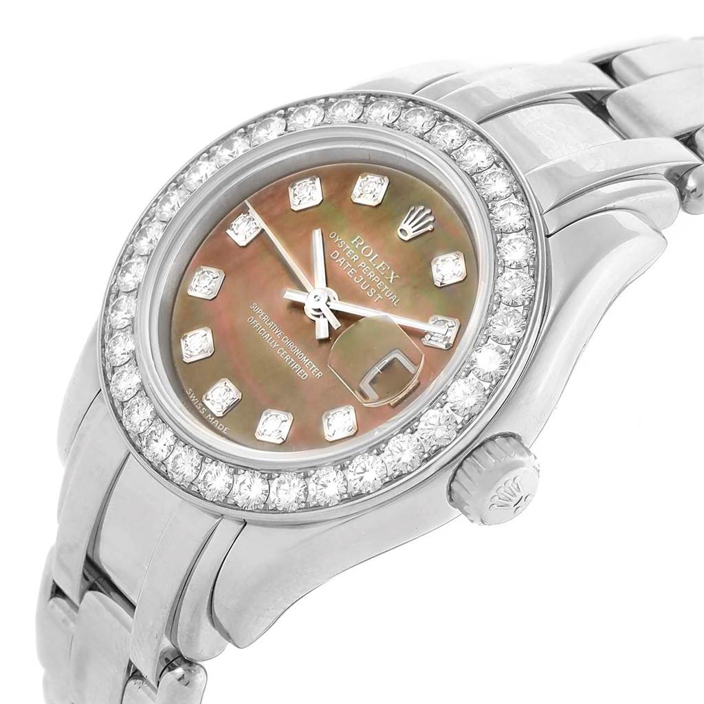 The image shows a front angle of a Rolex Pearlmaster 80299 Women's White Gold Mother of Pearl Dial 80299 Women's White Gold Mother of Pearl Dial watch, highlighting its dial, bezel, and part of the bracelet.