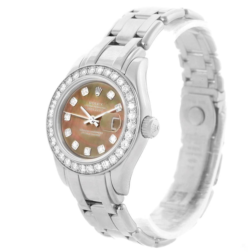 The image shows a front angle of the Rolex Pearlmaster 80299 Women's White Gold Mother of Pearl Dial 80299 Women's White Gold Mother of Pearl Dial watch, highlighting its diamond bezel, dial, and metal bracelet.
