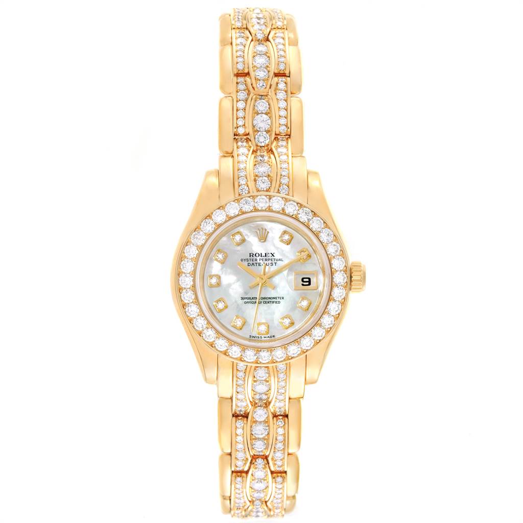 This image shows a front view of the Rolex Pearlmaster 69298 Women's Yellow Gold Mother of Pearl Dial 69298 Women's Yellow Gold Mother of Pearl Dial watch, highlighting its diamond-encrusted bezel and bracelet.