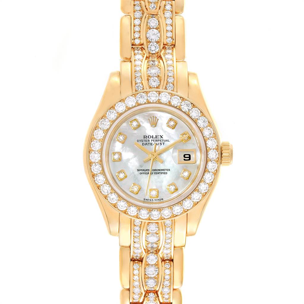 The image shows a front view of the Rolex Pearlmaster 69298 Women's Yellow Gold Mother of Pearl Dial 69298 Women's Yellow Gold Mother of Pearl Dial watch, highlighting the face, bezel, and bracelet adorned with diamonds.