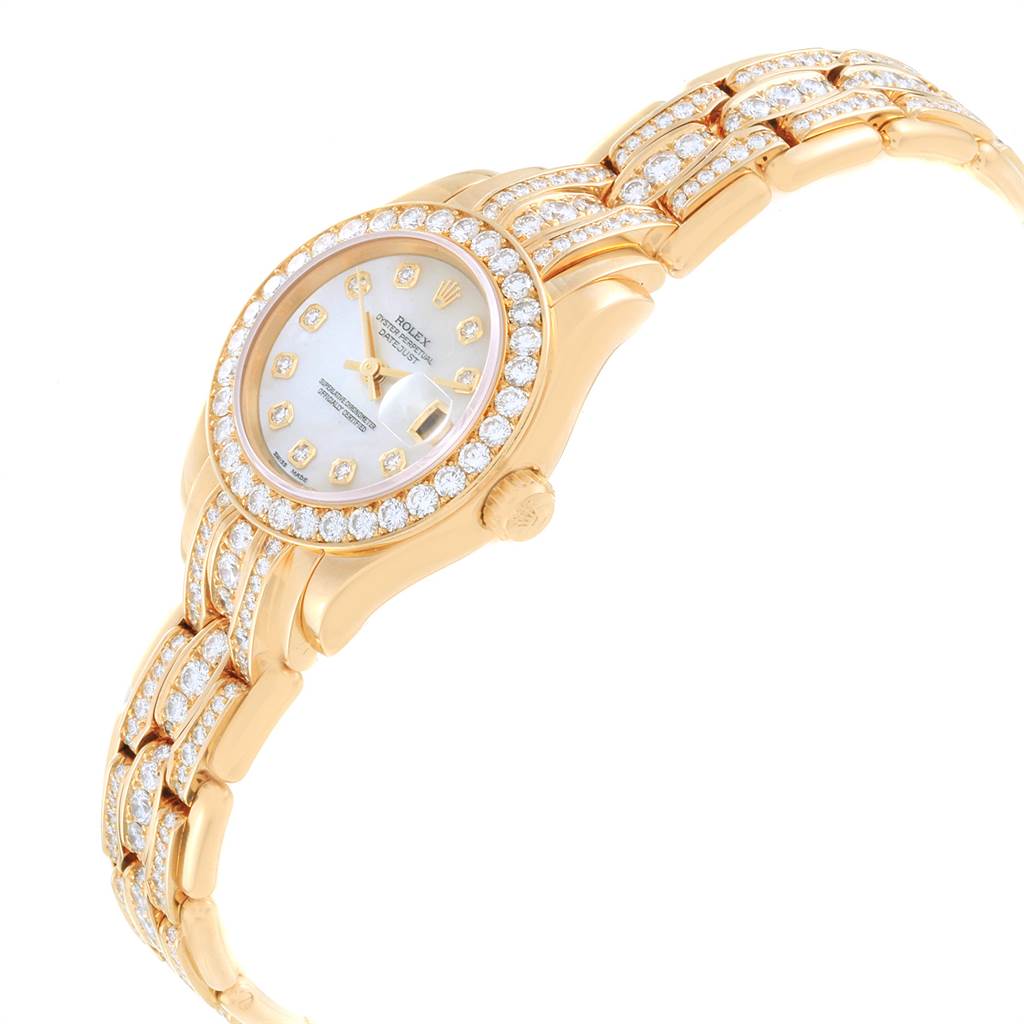 The image shows a Rolex Pearlmaster 69298 Women's Yellow Gold Mother of Pearl Dial 69298 Women's Yellow Gold Mother of Pearl Dial watch tilted at an angle, displaying the face, bezel, and part of the diamond-encrusted bracelet.