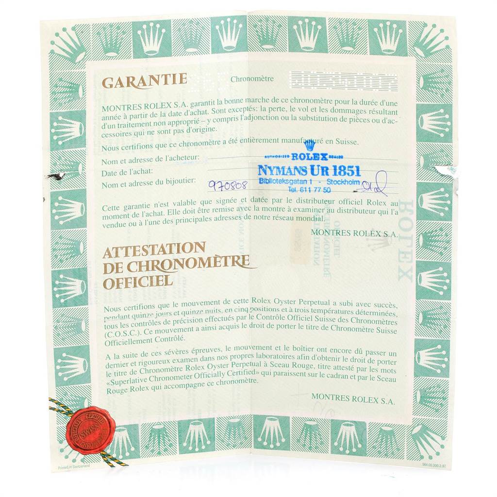 The image shows a Rolex Pearlmaster 69298 Women's Yellow Gold Mother of Pearl Dial 69298 Women's Yellow Gold Mother of Pearl Dial model warranty certificate with official chronometer certification text in French.