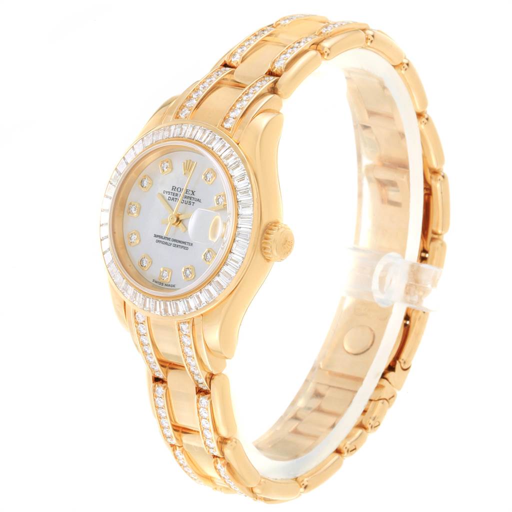 The Rolex Pearlmaster 80308 Women's Yellow Gold Mother of Pearl Dial 80308 Women's Yellow Gold Mother of Pearl Dial watch is shown at a three-quarter angle, highlighting the face, bezel, and partially the band.