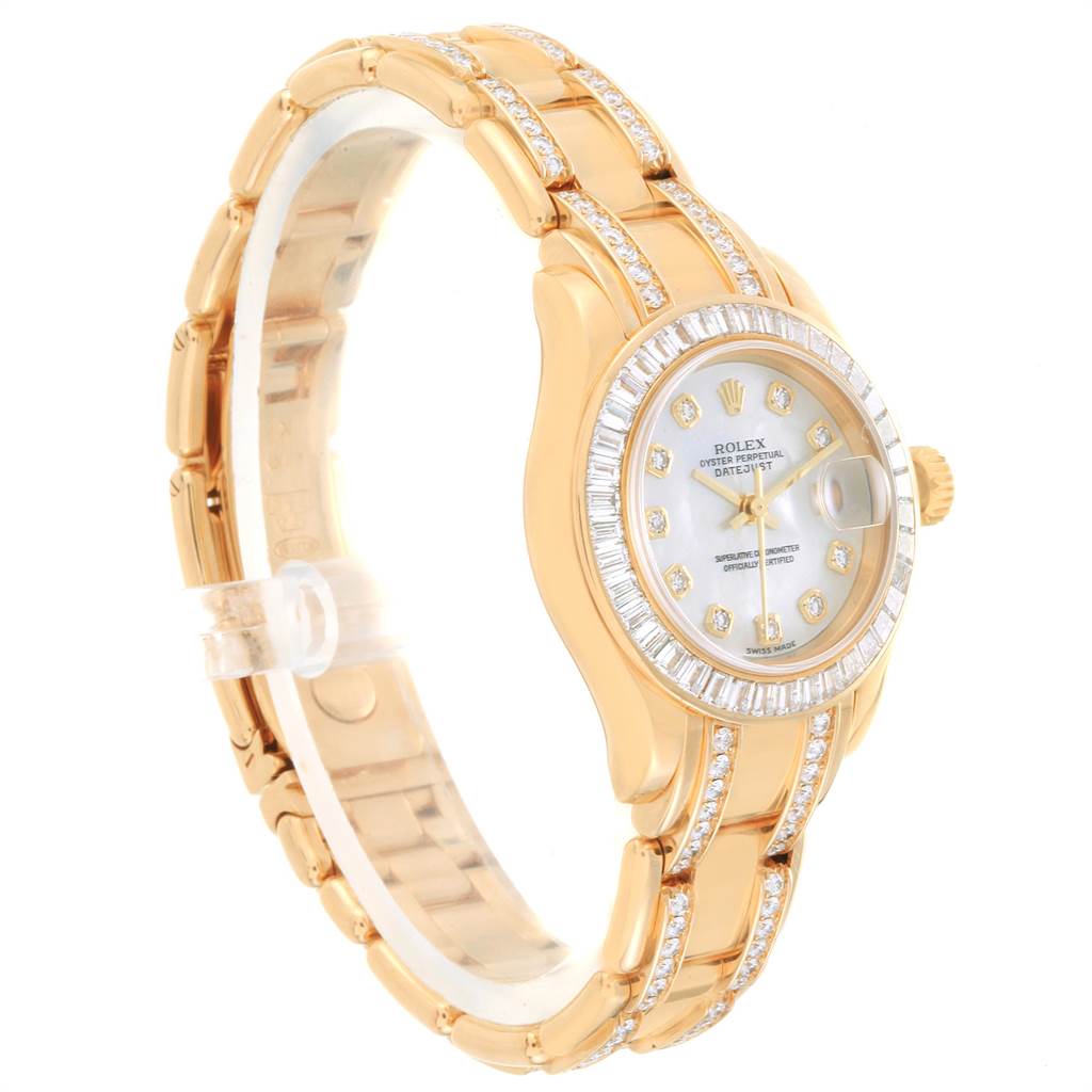 The Rolex Pearlmaster 80308 Women's Yellow Gold Mother of Pearl Dial 80308 Women's Yellow Gold Mother of Pearl Dial watch is shown from an angled side view, highlighting the face, bezel, and bracelet.