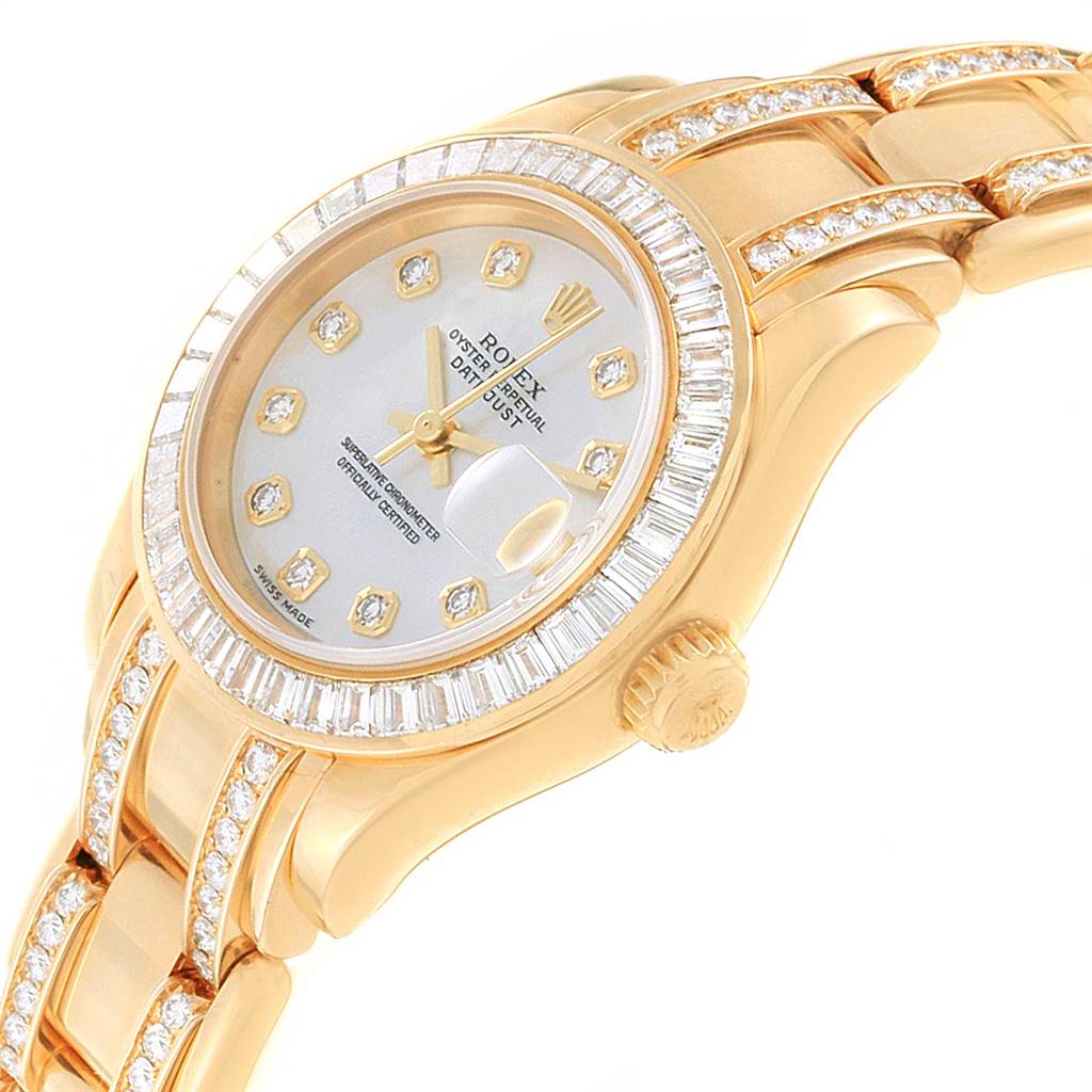 The image shows a Rolex Pearlmaster 80308 Women's Yellow Gold Mother of Pearl Dial 80308 Women's Yellow Gold Mother of Pearl Dial watch angled towards the right, highlighting the dial, crown, and diamond-studded bracelet.