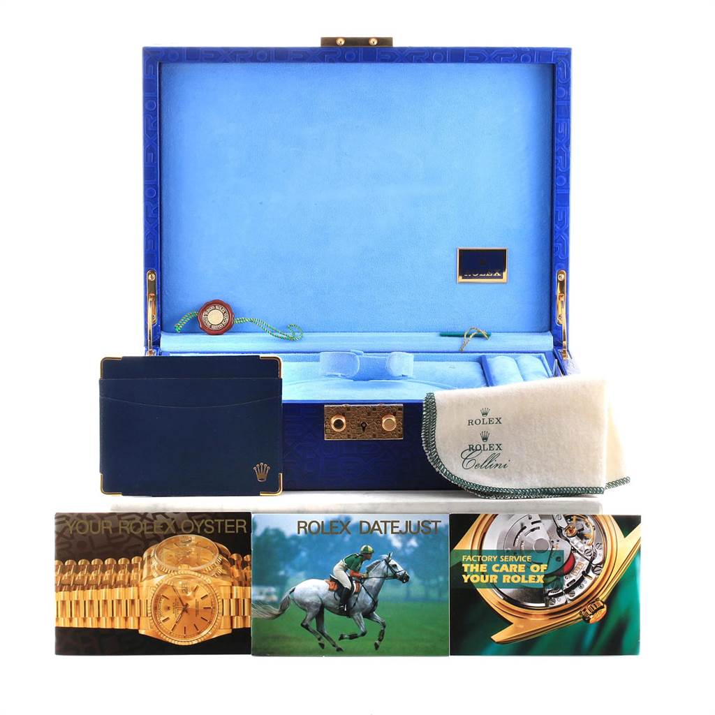 The image shows the packaging and accessories for a Rolex Pearlmaster 80308 Women's Yellow Gold Mother of Pearl Dial 80308 Women's Yellow Gold Mother of Pearl Dial, including the box, booklet, warranty card, and cloth.