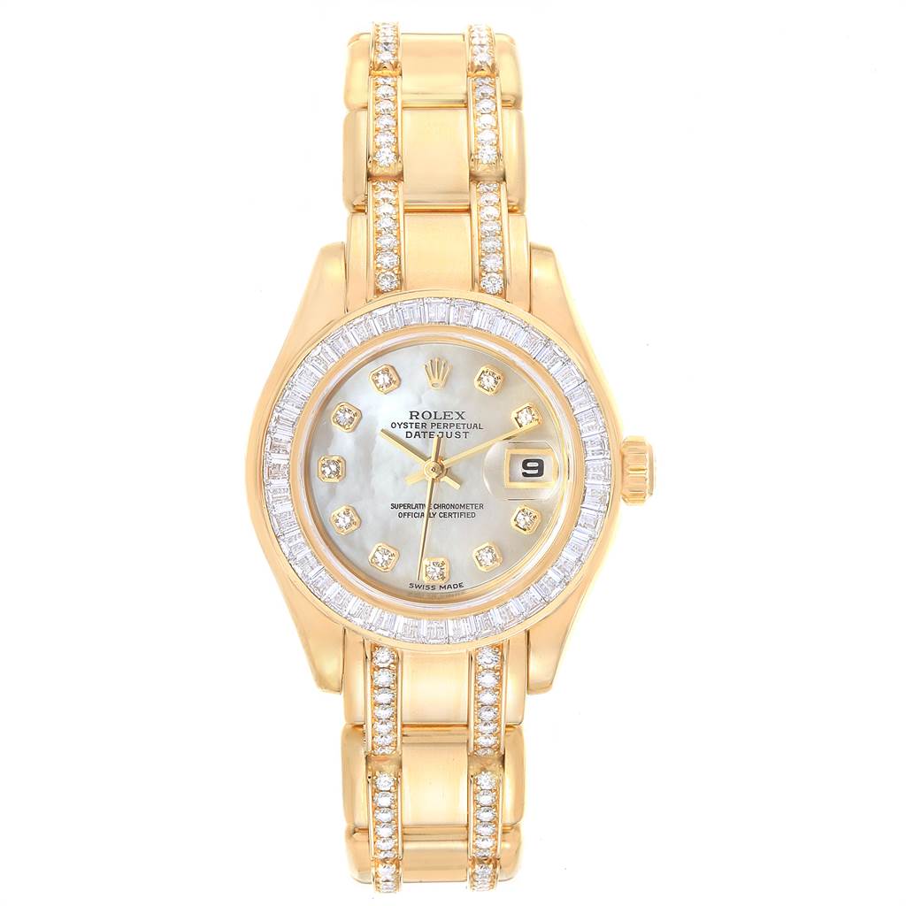 The Rolex Pearlmaster 80308 Women's Yellow Gold Mother of Pearl Dial 80308 Women's Yellow Gold Mother of Pearl Dial watch is shown from a top-front angle, displaying the face, bracelet, and bezel adorned with diamonds.