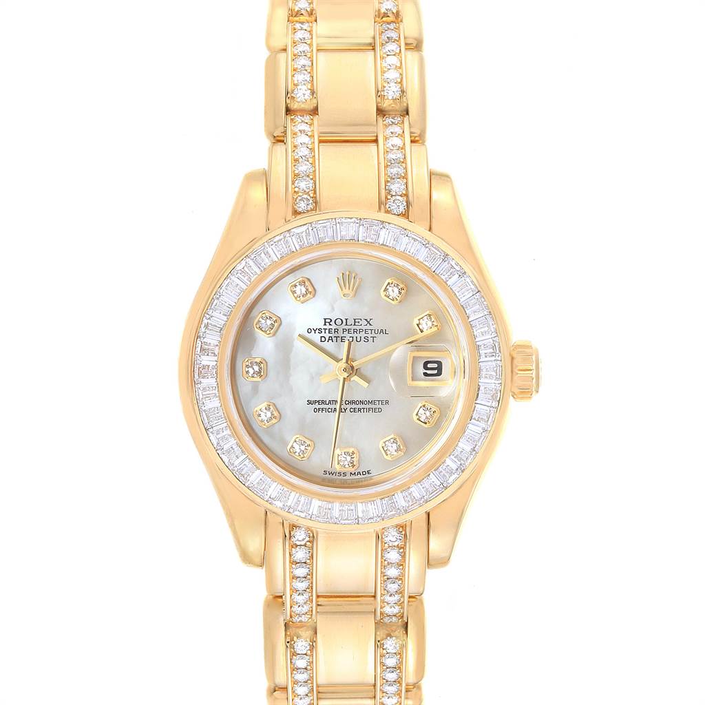 The image shows a front view of a Rolex Pearlmaster 80308 Women's Yellow Gold Mother of Pearl Dial 80308 Women's Yellow Gold Mother of Pearl Dial watch, displaying its face, bezel, and diamond-accented bracelet.