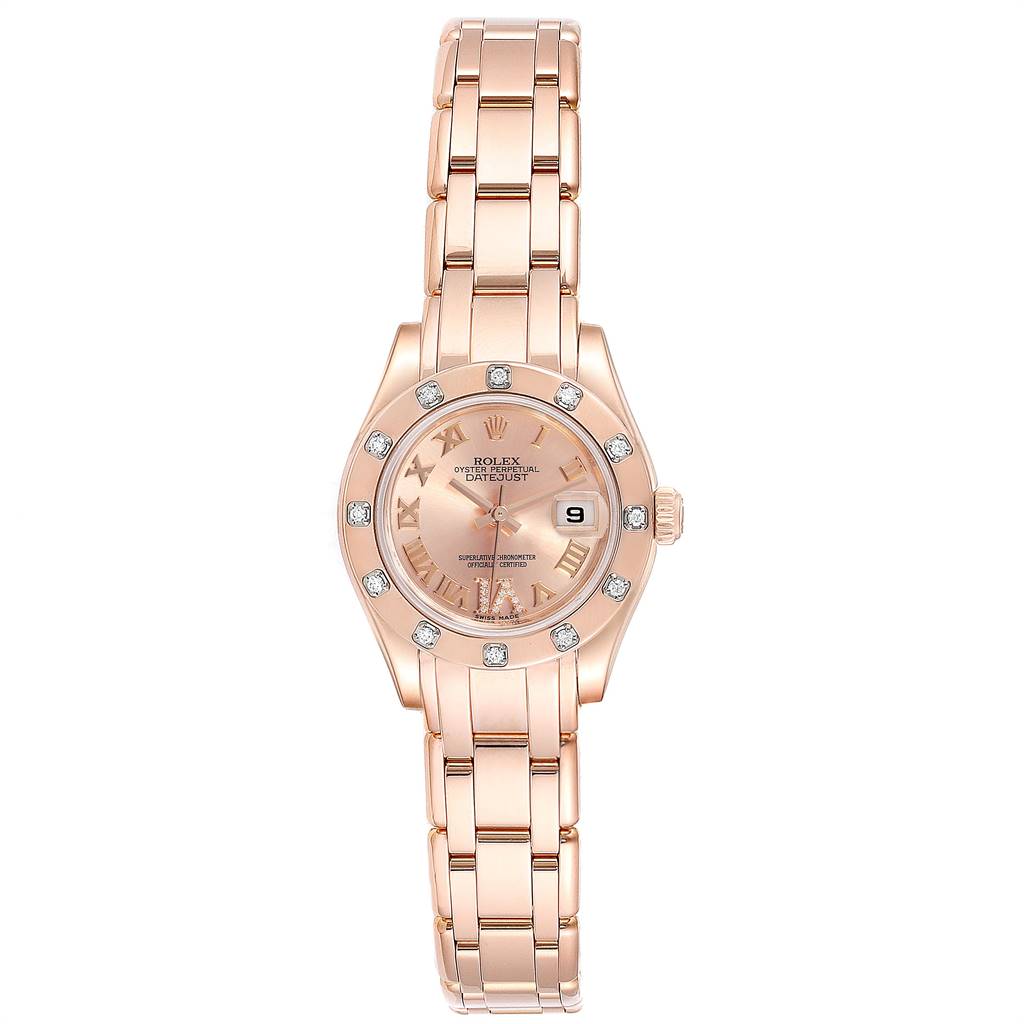 The image shows a frontal view of the Rolex Pearlmaster 80315 Women's Rose Gold Champagne Dial 80315 Women's Rose Gold Champagne Dial watch, displaying the watch face, bezel, and bracelet.