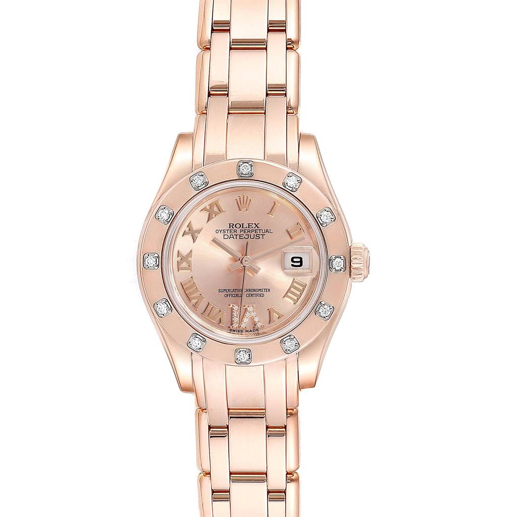 The image shows a full frontal view of a Rolex Pearlmaster 80315 Women's Rose Gold Champagne Dial 80315 Women's Rose Gold Champagne Dial watch, highlighting the dial, bezel, and bracelet.