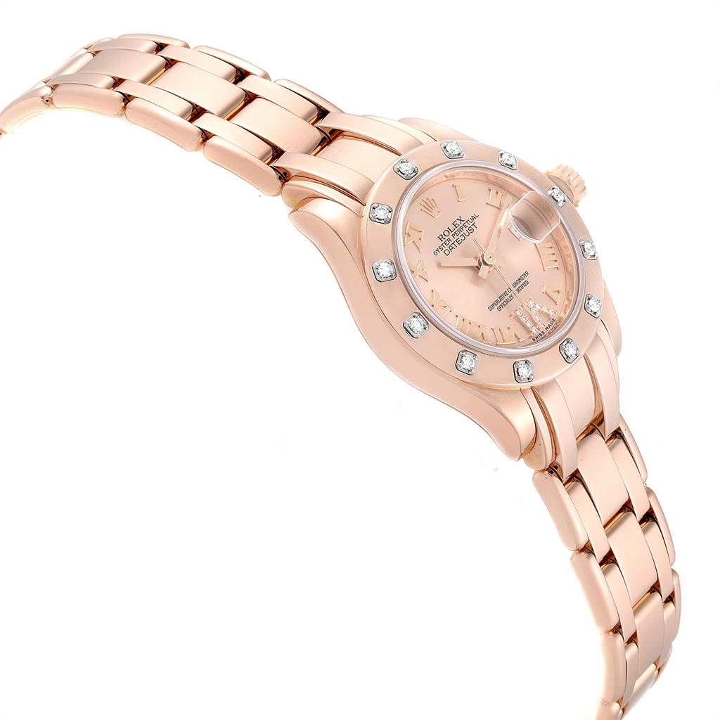 This image shows a Rolex Pearlmaster 80315 Women's Rose Gold Champagne Dial 80315 Women's Rose Gold Champagne Dial watch from an angled side view, highlighting the band, bezel, crown, and dial.