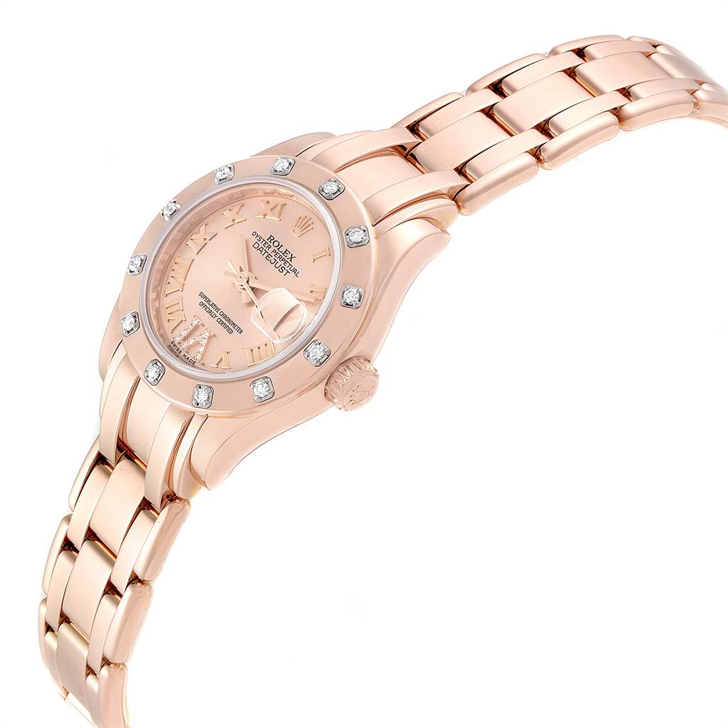 The Rolex Pearlmaster 80315 Women's Rose Gold Champagne Dial 80315 Women's Rose Gold Champagne Dial watch is shown at a slight angle displaying its face, bezel, crown, and bracelet.