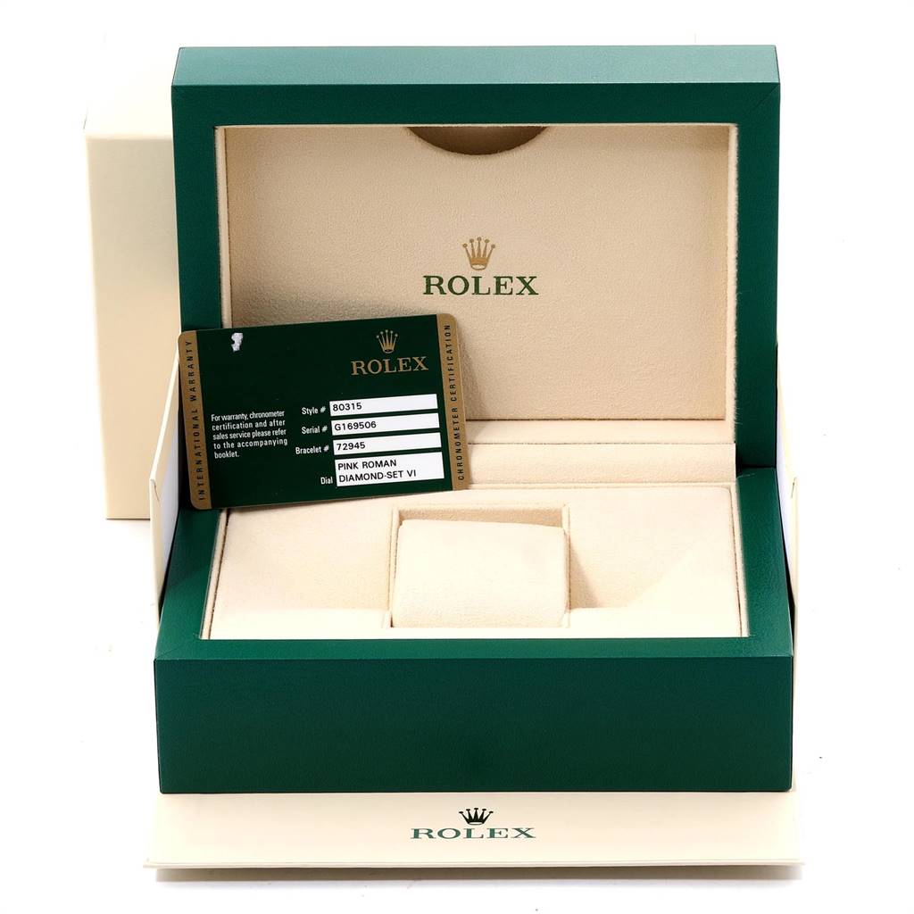 The image shows a Rolex Pearlmaster 80315 Women's Rose Gold Champagne Dial 80315 Women's Rose Gold Champagne Dial watch box and certificate card, viewed from the front.