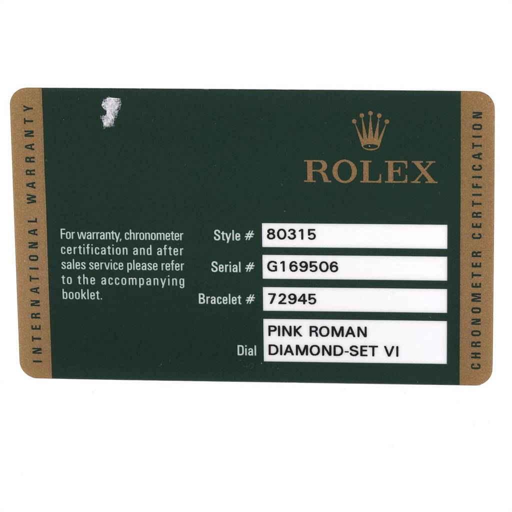 The image shows a Rolex international warranty card for the Pearlmaster model, displaying details like style, serial, bracelet numbers, and dial information.