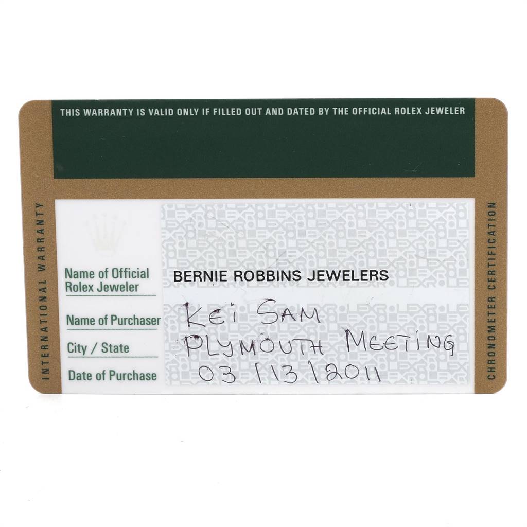 The image shows the warranty card for a Rolex Pearlmaster 80315 Women's Rose Gold Champagne Dial 80315 Women's Rose Gold Champagne Dial watch laid flat.