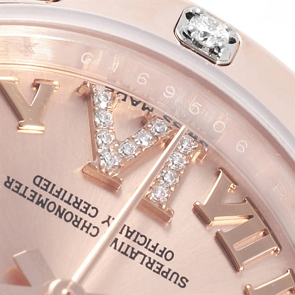 This close-up angle of a Rolex Pearlmaster 80315 Women's Rose Gold Champagne Dial 80315 Women's Rose Gold Champagne Dial watch shows part of its diamond-encrusted Roman numeral hour markers and hands.