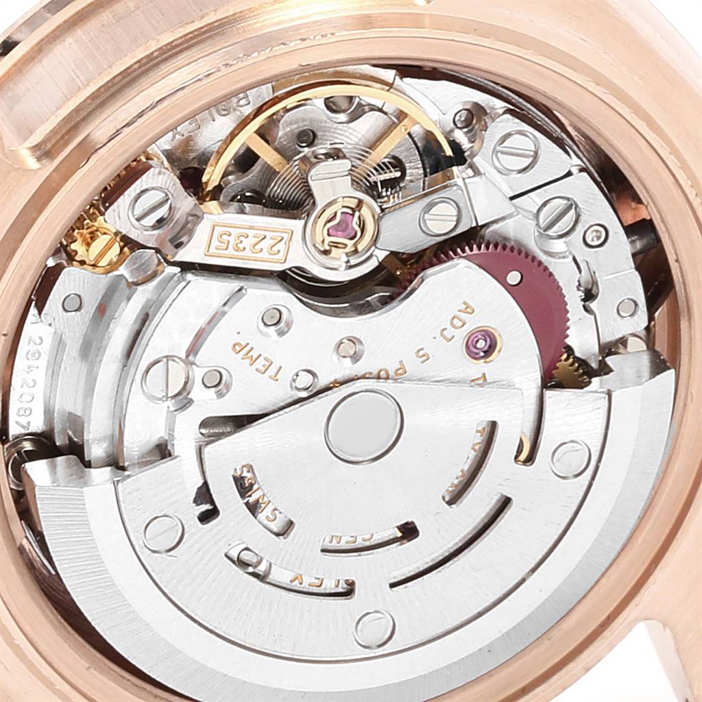 The image shows a close-up of the internal mechanism of a Rolex Pearlmaster 80315 Women's Rose Gold Champagne Dial 80315 Women's Rose Gold Champagne Dial watch from the back angle.