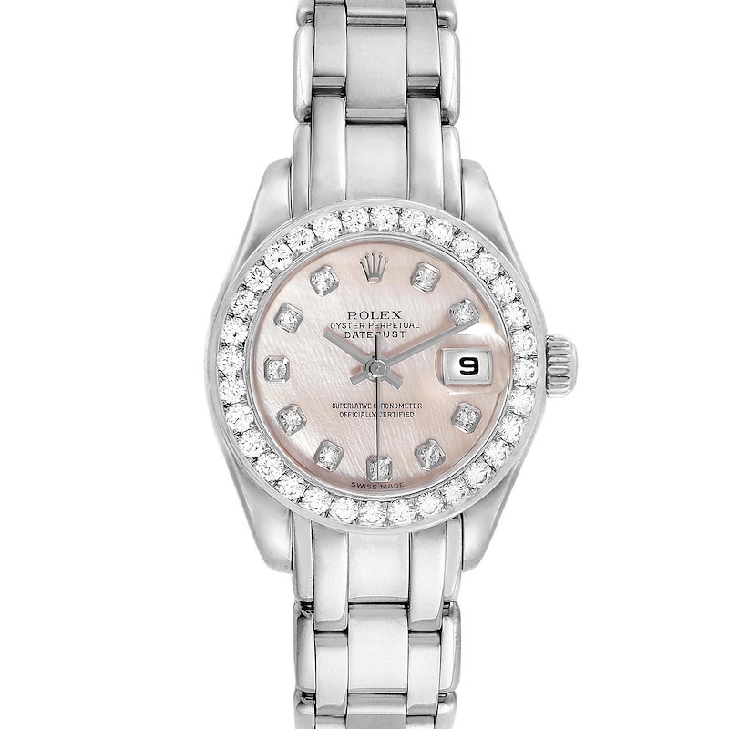 The image shows a front view of a Rolex Pearlmaster watch, highlighting its face, bracelet, and diamond bezel.