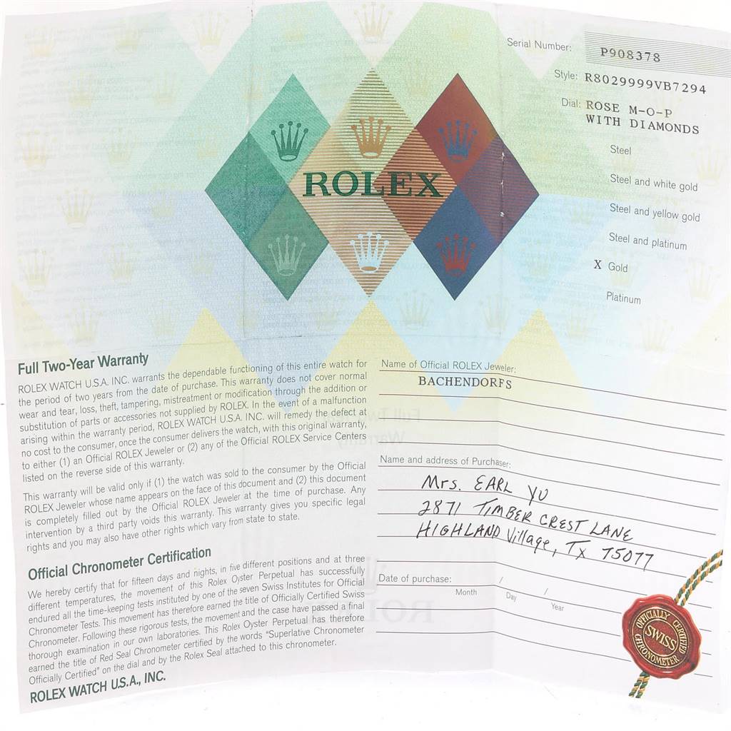 This is a Warranty and Chronometer Certification document for a Rolex Pearlmaster 80299 Women's White Gold Mother of Pearl Dial 80299 Women's White Gold Mother of Pearl Dial watch model.