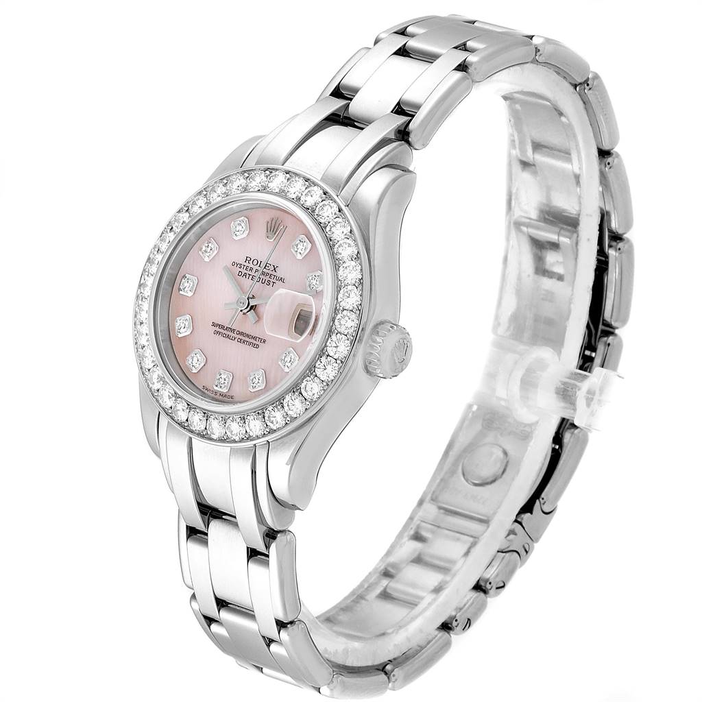 This Rolex Pearlmaster 80299 Women's White Gold Mother of Pearl Dial 80299 Women's White Gold Mother of Pearl Dial watch is shown at a slight angle from above, highlighting its face, bezel, crown, and bracelet.