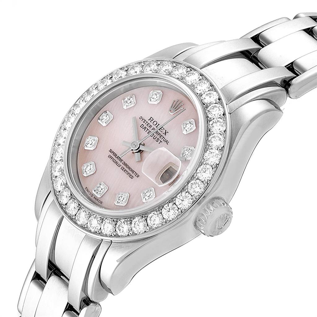 The Rolex Pearlmaster 80299 Women's White Gold Mother of Pearl Dial 80299 Women's White Gold Mother of Pearl Dial watch is shown at an angle, highlighting its dial, bezel with diamonds, crown, and part of the bracelet.