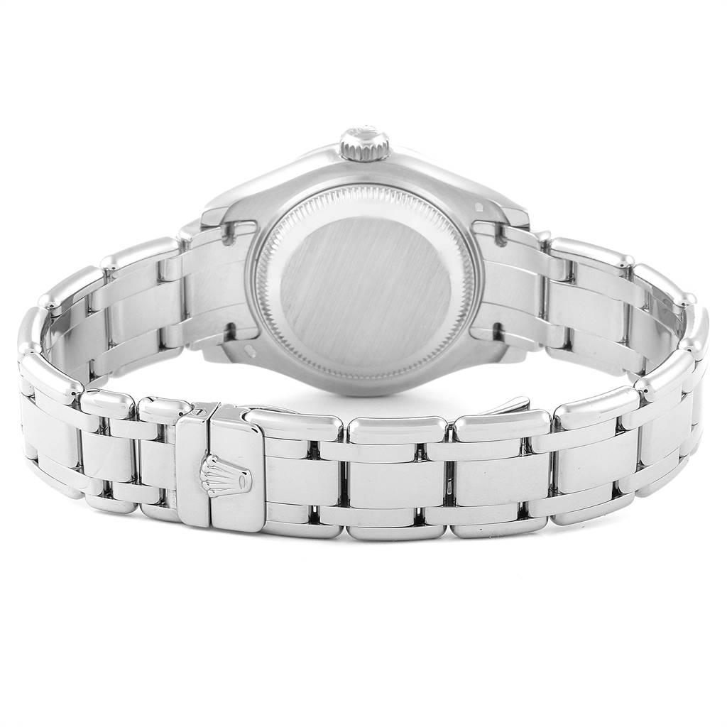 The image shows the back view of the Rolex Pearlmaster 80299 Women's White Gold Mother of Pearl Dial 80299 Women's White Gold Mother of Pearl Dial watch, highlighting its case back and bracelet.