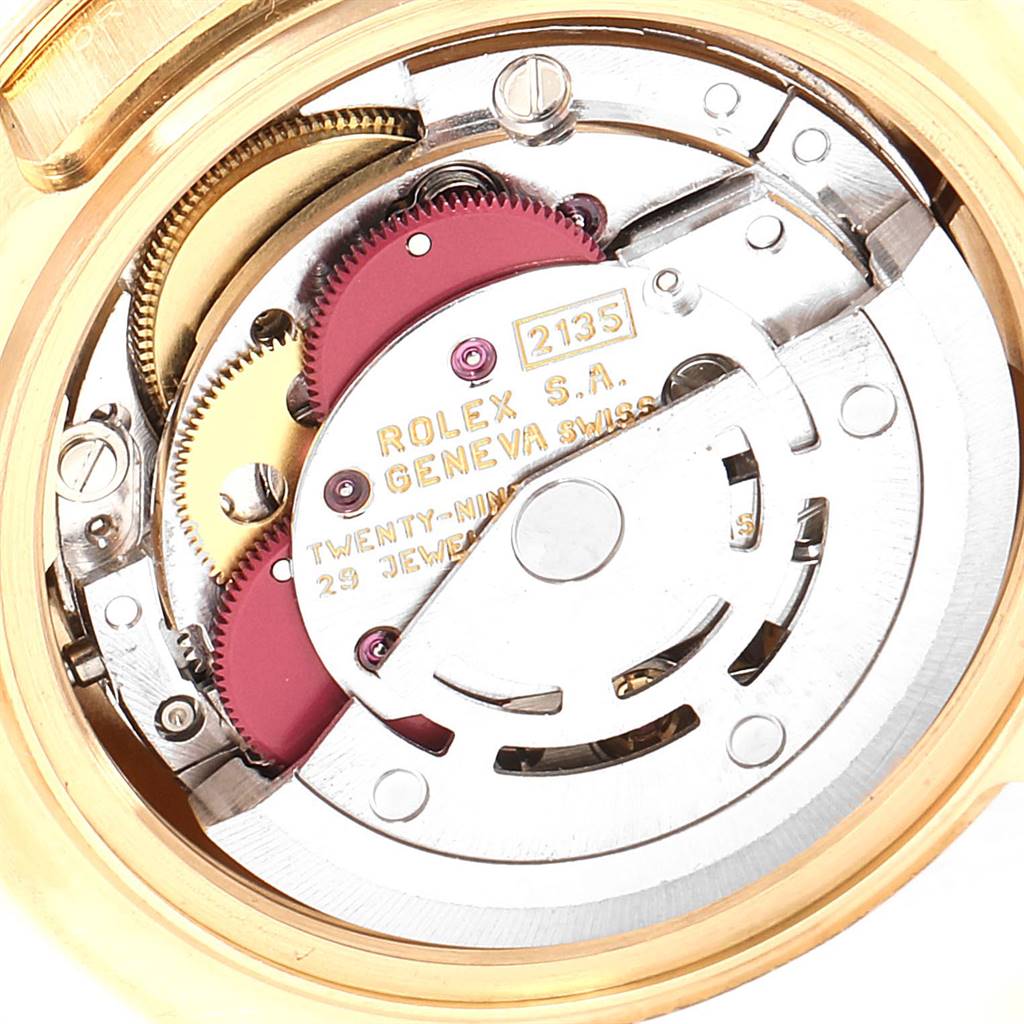 The image shows the inner movement mechanism of a Rolex Pearlmaster 69298 Women's Yellow Gold Blue Dial 69298 Women's Yellow Gold Blue Dial watch viewed from the back.