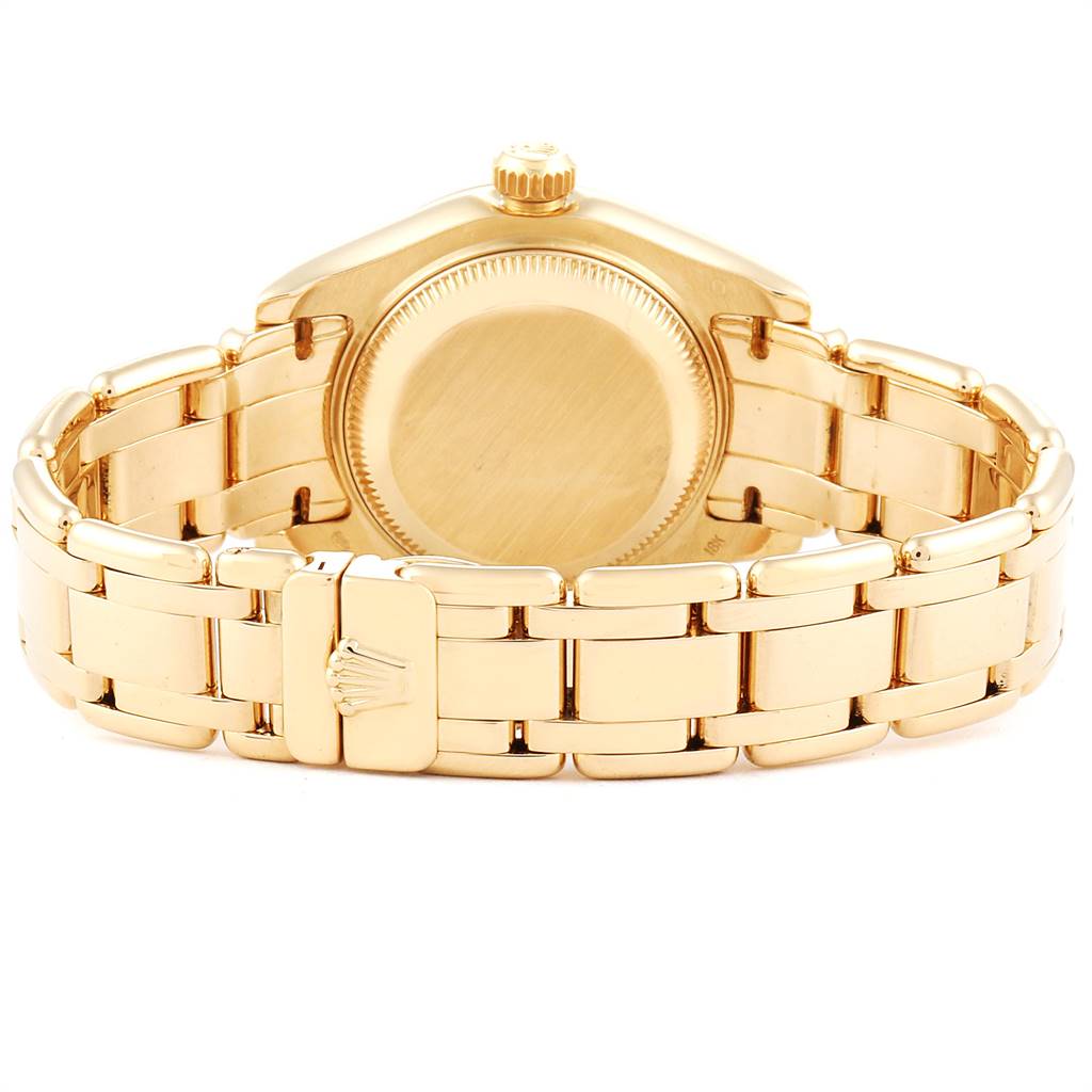 The image shows the back case and bracelet of a Rolex Pearlmaster 69298 Women's Yellow Gold Blue Dial 69298 Women's Yellow Gold Blue Dial watch, viewed from a rear angle.
