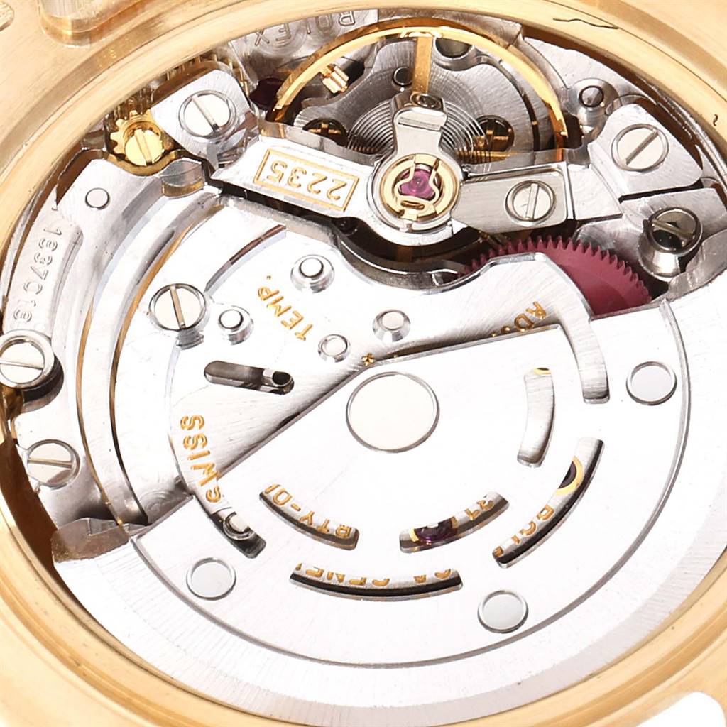 This image shows a close-up view of the internal mechanism of a Rolex Pearlmaster 80298 Women's Yellow Gold Mother of Pearl Dial 80298 Women's Yellow Gold Mother of Pearl Dial watch.