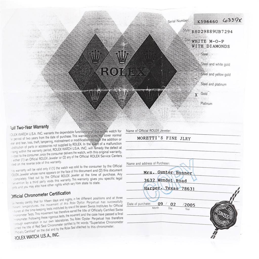 This image shows the warranty and certification document for a Rolex Pearlmaster 80298 Women's Yellow Gold Mother of Pearl Dial 80298 Women's Yellow Gold Mother of Pearl Dial model watch.