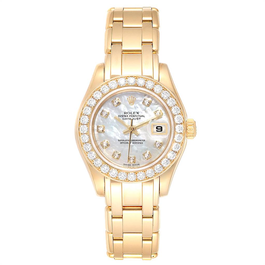 The image shows a front view of the Rolex Pearlmaster 80298 Women's Yellow Gold Mother of Pearl Dial 80298 Women's Yellow Gold Mother of Pearl Dial watch, displaying its dial, bezel with diamonds, and bracelet.