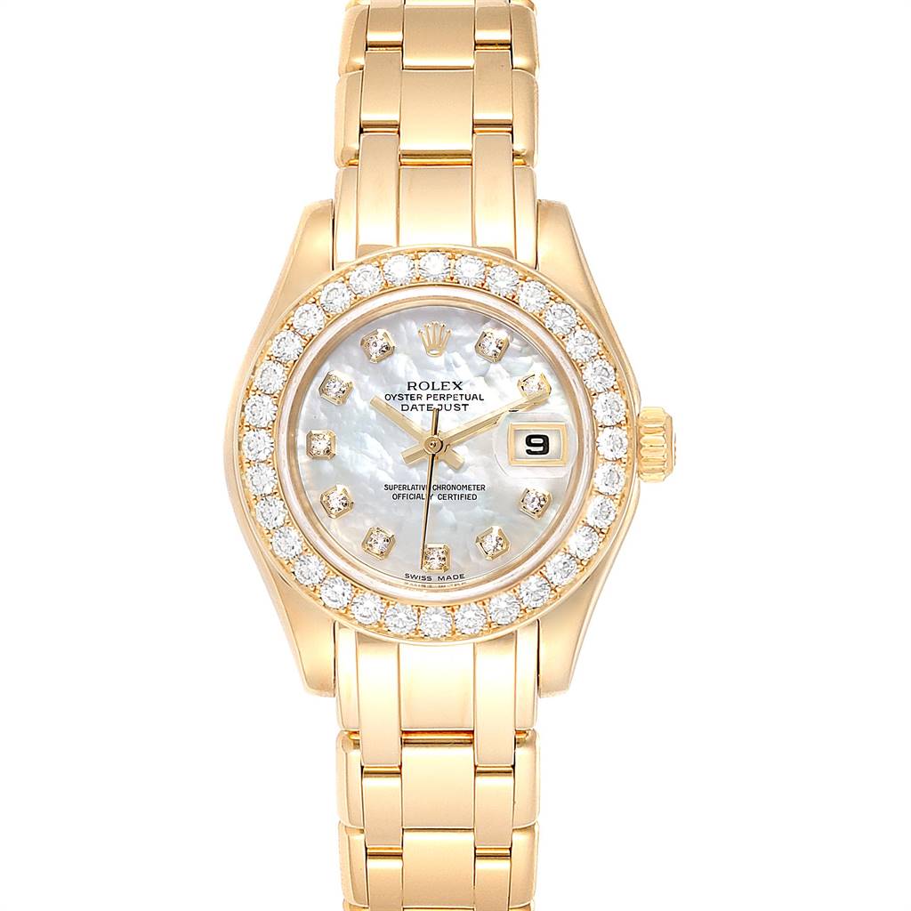 The image shows a frontal view of a Rolex Pearlmaster 80298 Women's Yellow Gold Mother of Pearl Dial 80298 Women's Yellow Gold Mother of Pearl Dial watch, highlighting its gold case, diamond bezel, and bracelet.