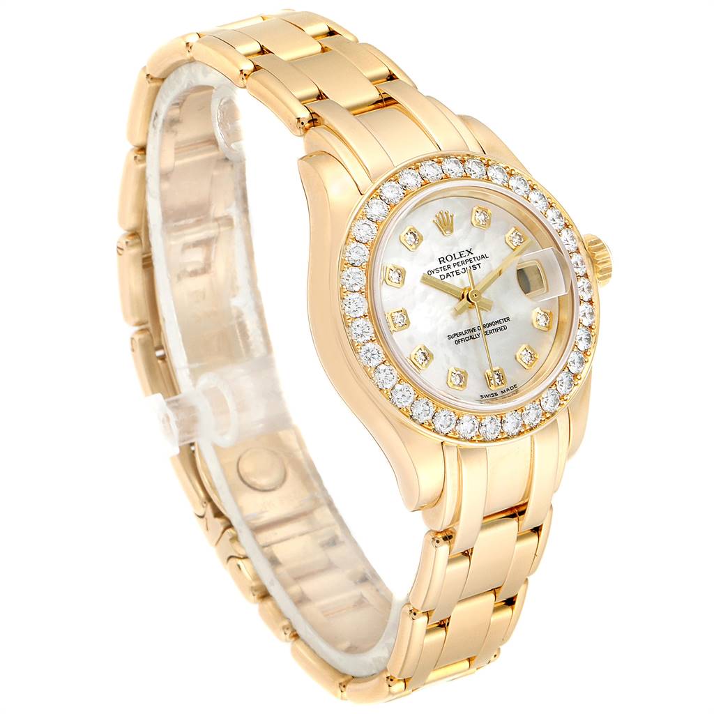 The Rolex Pearlmaster 80298 Women's Yellow Gold Mother of Pearl Dial 80298 Women's Yellow Gold Mother of Pearl Dial watch is shown at an angle highlighting the dial, bezel, bracelet, and partially visible crown.