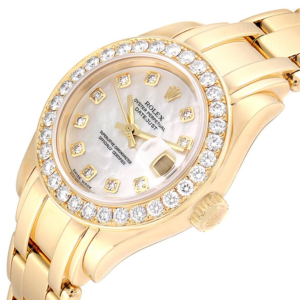 This image shows a close-up, angled view of the Rolex Pearlmaster 80298 Women's Yellow Gold Mother of Pearl Dial 80298 Women's Yellow Gold Mother of Pearl Dial watch, highlighting its diamond-encrusted bezel and bracelet.
