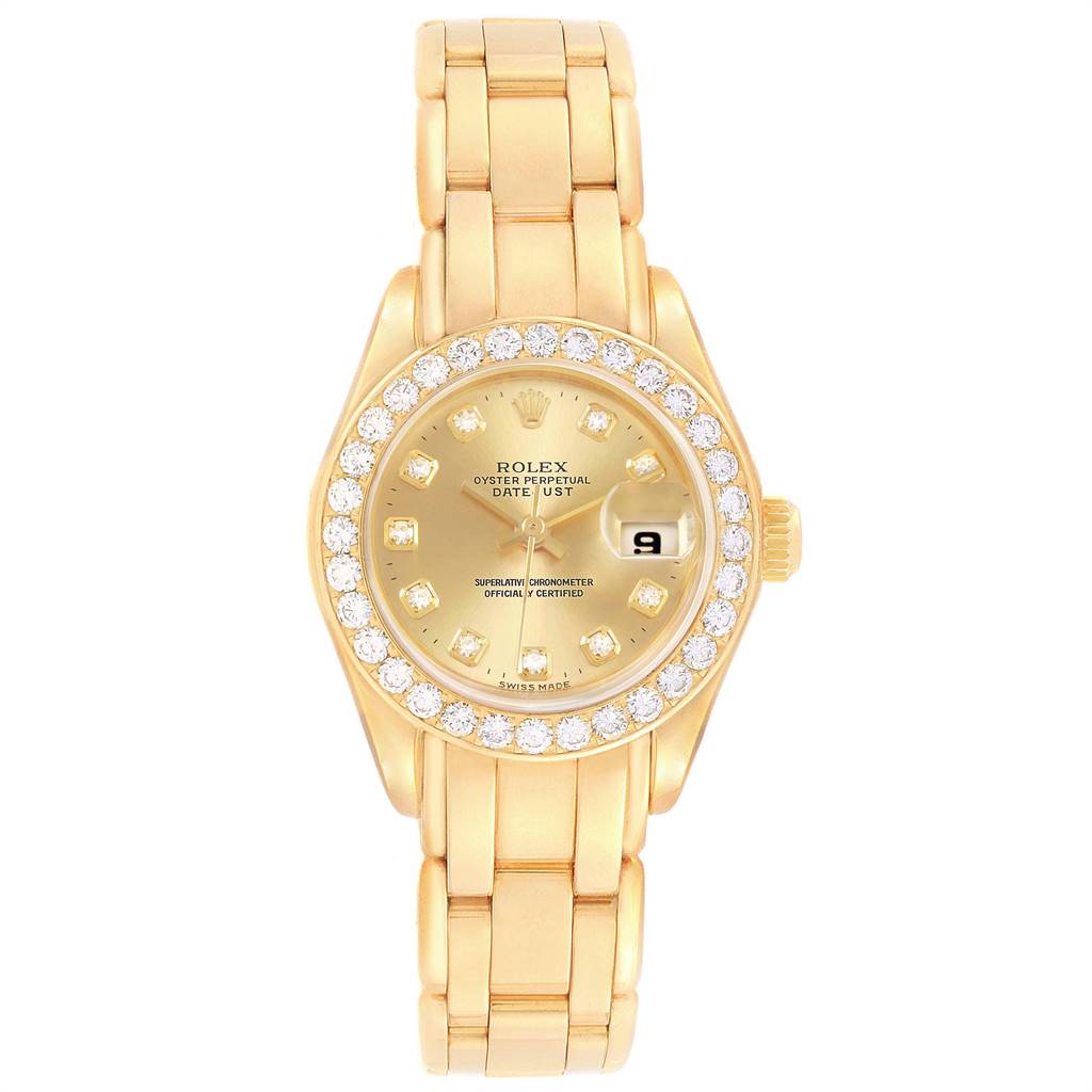 This image shows a Rolex Pearlmaster 69298 Women's Yellow Gold Champagne Dial 69298 Women's Yellow Gold Champagne Dial watch from a top-down view, highlighting the dial, bezel, and bracelet.