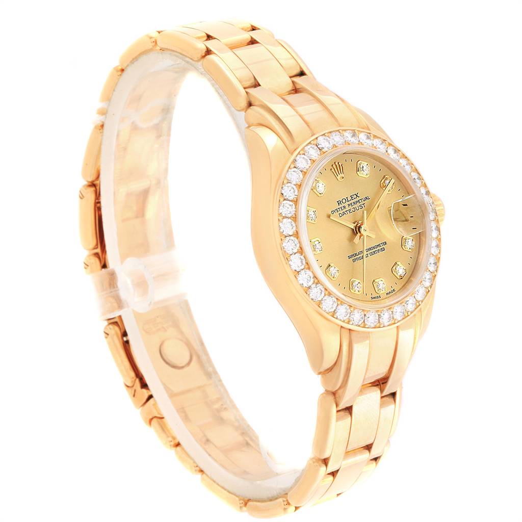 The image shows a Rolex Pearlmaster 69298 Women's Yellow Gold Champagne Dial 69298 Women's Yellow Gold Champagne Dial model watch at a three-quarter angle emphasizing the bracelet and diamond-studded bezel.