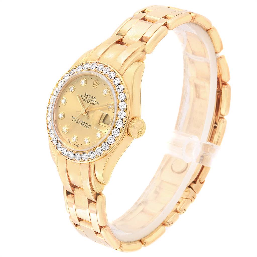 The image shows a Rolex Pearlmaster 69298 Women's Yellow Gold Champagne Dial 69298 Women's Yellow Gold Champagne Dial watch at an angled side view, highlighting the face, bezel, crown, and linked bracelet.