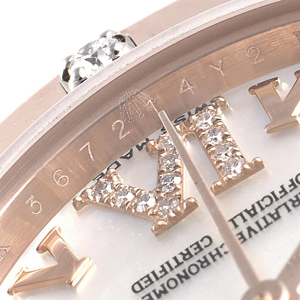 This close-up angle of the Rolex Pearlmaster 80315 Women's Rose Gold Mother of Pearl Dial 80315 Women's Rose Gold Mother of Pearl Dial shows diamond-studded Roman numerals and parts of the bezel and dial.