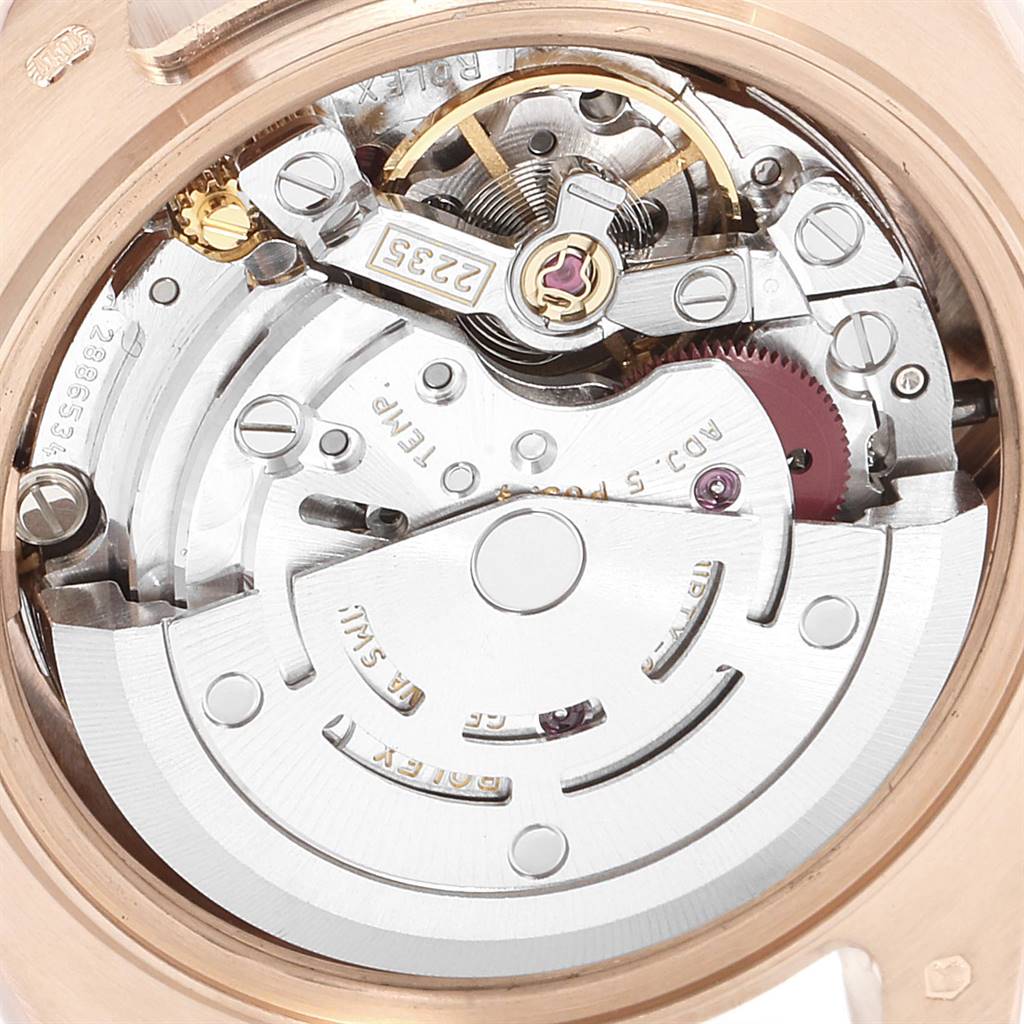 The image shows a close-up, detailed view of the movement mechanism of a Rolex Pearlmaster 80315 Women's Rose Gold Mother of Pearl Dial 80315 Women's Rose Gold Mother of Pearl Dial watch.