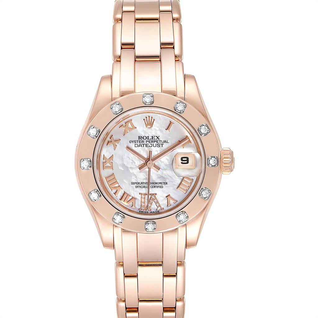 The image shows a frontal view of a Rolex Pearlmaster 80315 Women's Rose Gold Mother of Pearl Dial 80315 Women's Rose Gold Mother of Pearl Dial watch, highlighting its dial, bezel with diamonds, and bracelet.