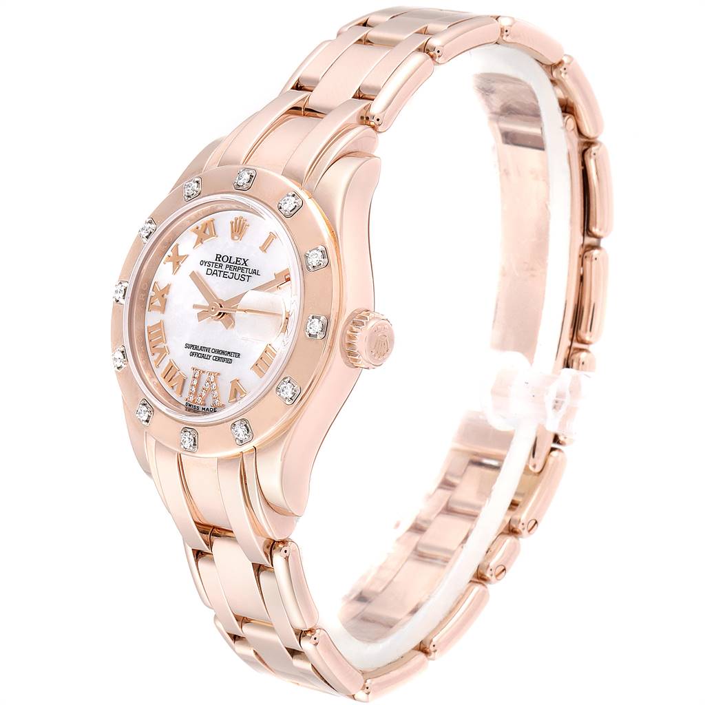 This image shows a Rolex Pearlmaster 80315 Women's Rose Gold Mother of Pearl Dial 80315 Women's Rose Gold Mother of Pearl Dial watch from an angled view highlighting the face, bezel, and bracelet.