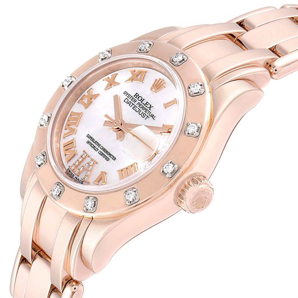 This image shows a close-up angle of the Rolex Pearlmaster 80315 Women's Rose Gold Mother of Pearl Dial 80315 Women's Rose Gold Mother of Pearl Dial watch, highlighting its face, bezel with diamonds, and part of the band and crown.