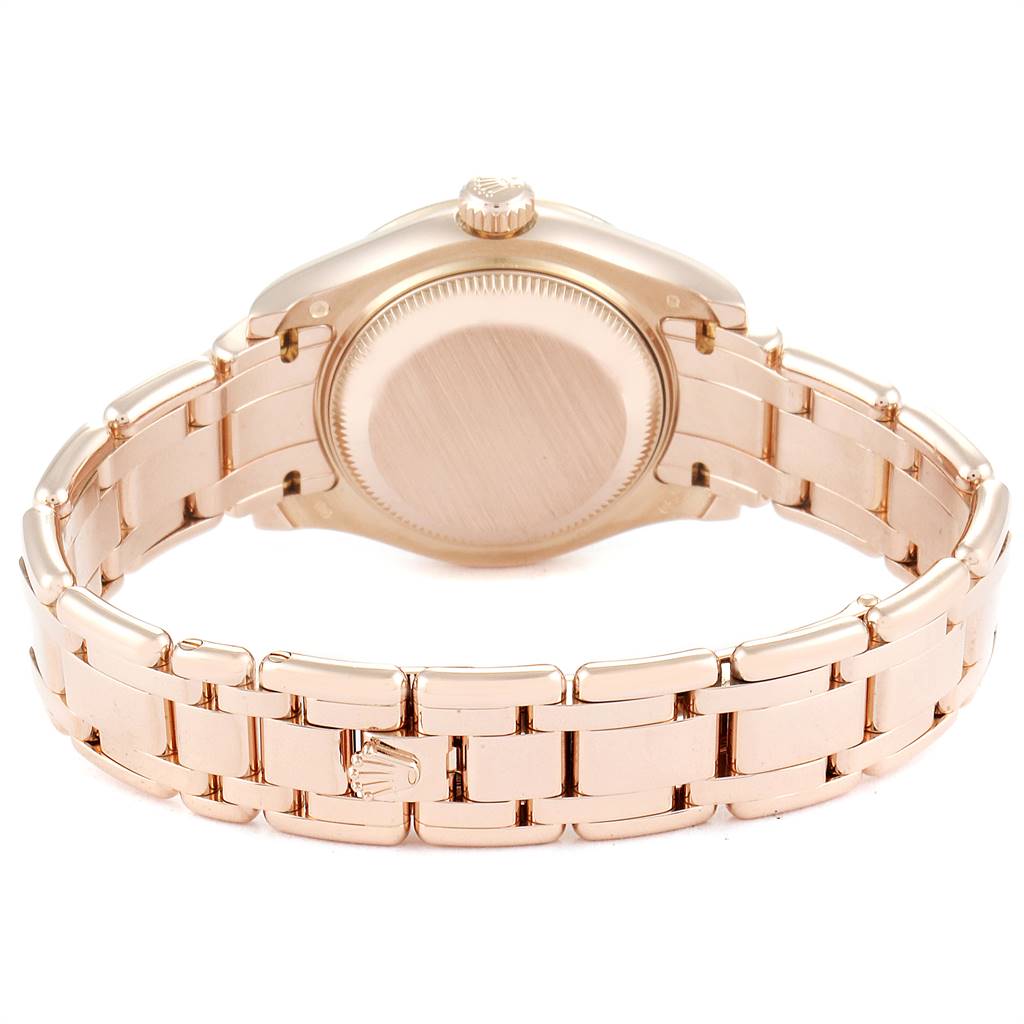The image shows the back view of the Rolex Pearlmaster 80315 Women's Rose Gold Mother of Pearl Dial 80315 Women's Rose Gold Mother of Pearl Dial watch, highlighting its caseback and bracelet.