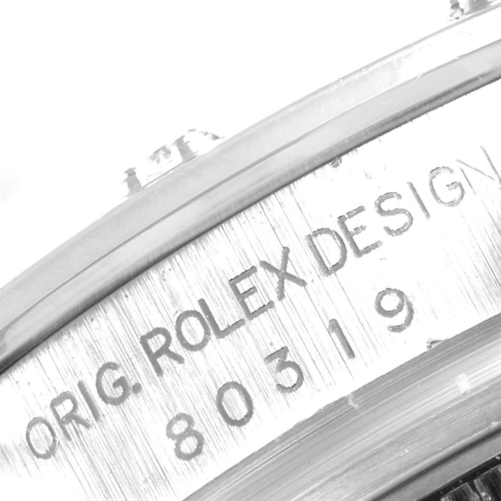 The image shows a close-up of the engraved case back of the Rolex Pearlmaster 80319 Women's White Gold White Dial 80319 Women's White Gold White Dial watch.