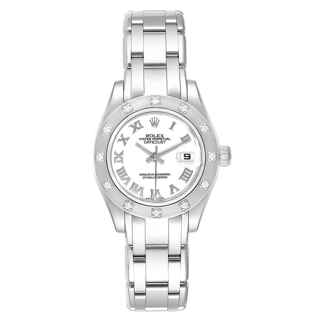 The image shows a front view of a Rolex Pearlmaster 80319 Women's White Gold White Dial 80319 Women's White Gold White Dial watch, including its bracelet, dial, and diamond-studded bezel.