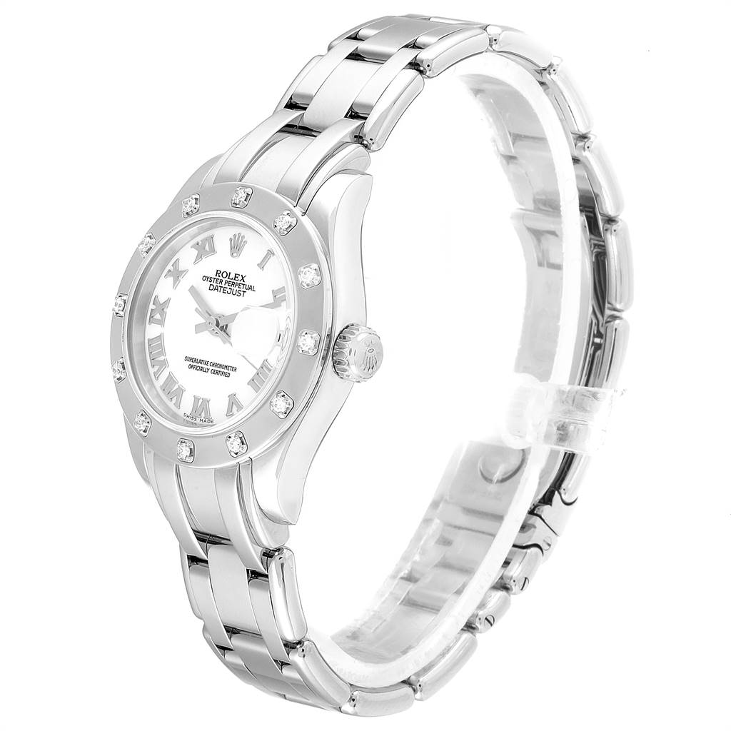 The image shows a side angle of a Rolex Pearlmaster 80319 Women's White Gold White Dial 80319 Women's White Gold White Dial watch, highlighting the bracelet, face, and bezel with diamonds.